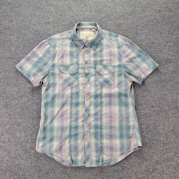 Guess Shirt Mens Medium Purple‎ Blue Plaid Short Sleeve Western Pearl Snap Rodeo - Picture 1 of 10